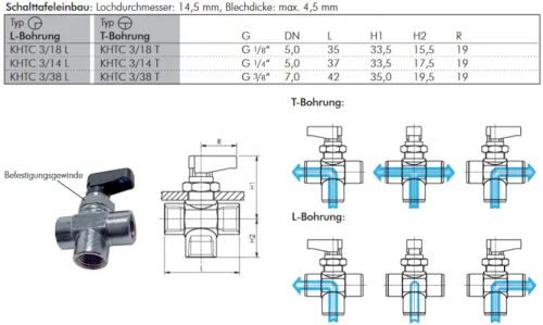 Abmessungen 3-Wege Kugelhahn mit Knebelgriff für Schalttafeleinbau Messing verchromt PN 20 alle Größen